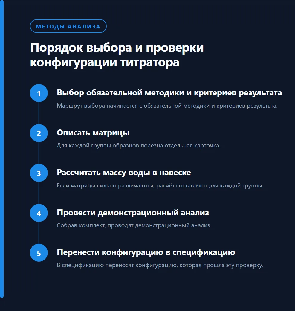 Порядок выбора и проверки конфигурации титратора: Выбор обязательной методики и критериев результата, Описать матрицы, Рассчитать массу воды в навеске, Провести демонстрационный анализ, Перенести конфигурацию в спецификацию