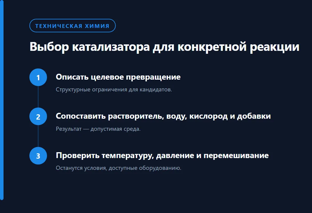 Выбор катализатора для конкретной реакции: Описать целевое превращение; Сопоставить растворитель, воду, кислород и добавки; Проверить температуру, давление и перемешивание