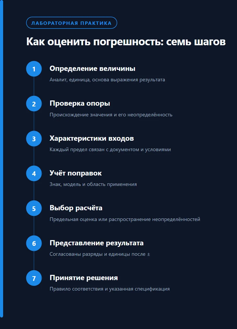 Как оценить погрешность: семь шагов: Определение величины, Проверка опоры, Характеристики входов, Учёт поправок, Выбор расчёта, Представление результата, Принятие решения